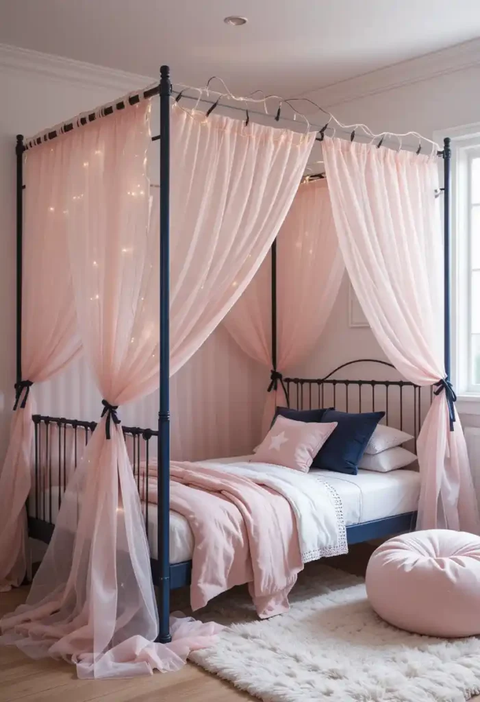Cozy Navy Canopy with Pink Drapes