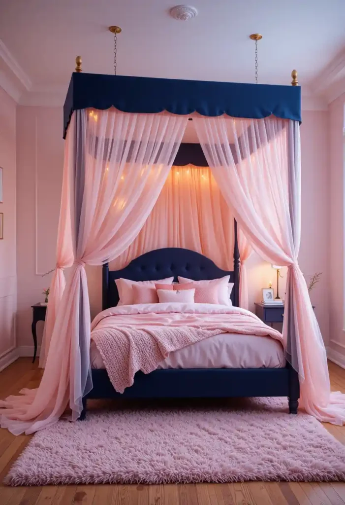 Cozy Navy Canopy with Pink Drapes