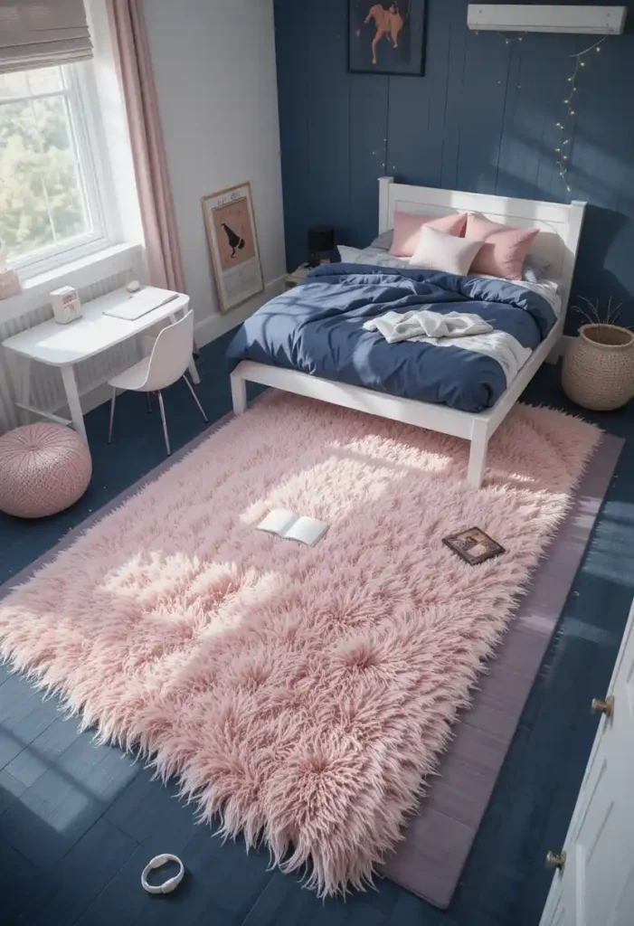 Cozy Pink Rug on Navy Floors