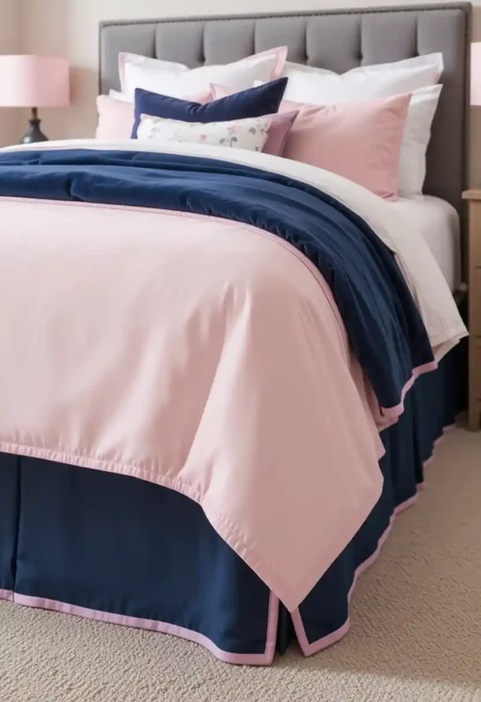 Navy Bed Skirt with Pink Trim