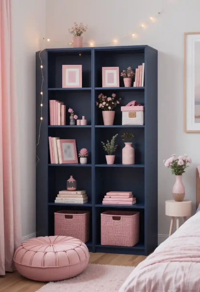 Navy Bookshelves with Pink Accents