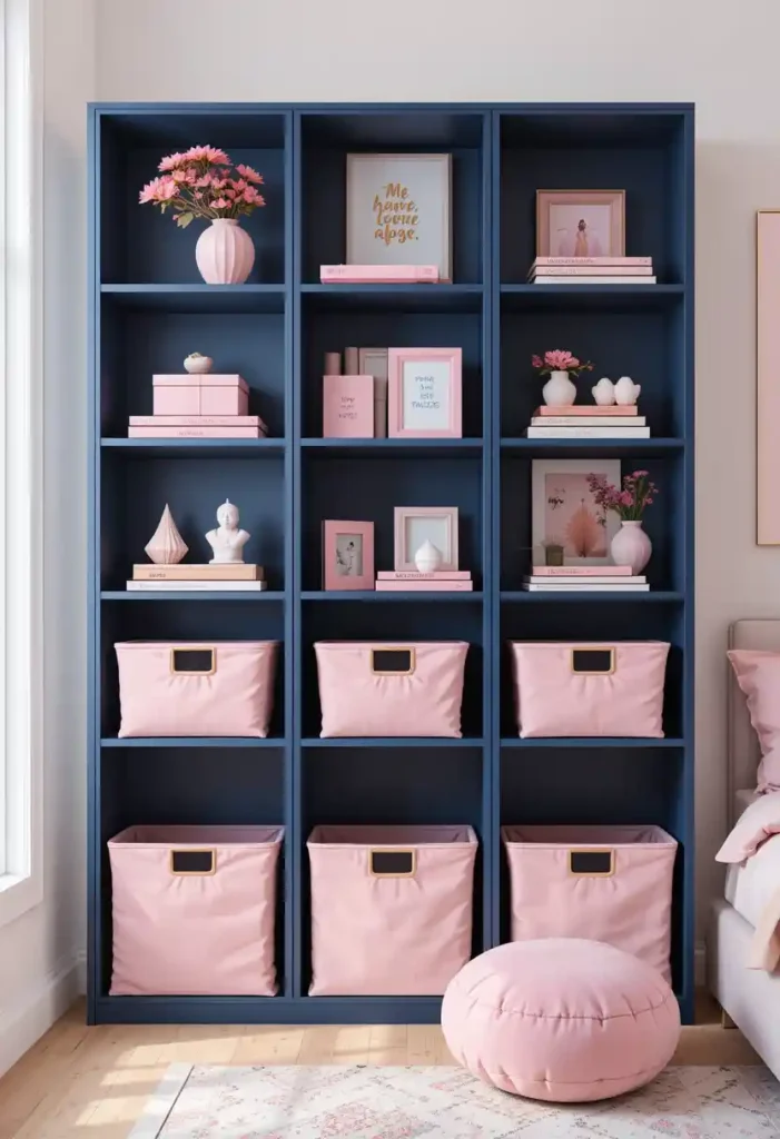 Navy Bookshelves with Pink Decor