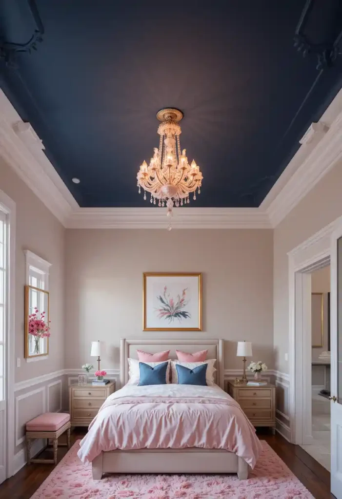 Navy Ceiling with Pink Chandelier
