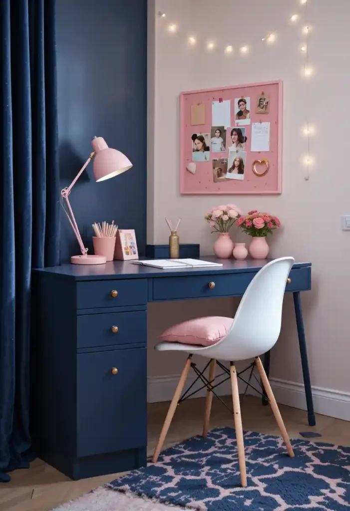 Navy Desk with Pink Accessories