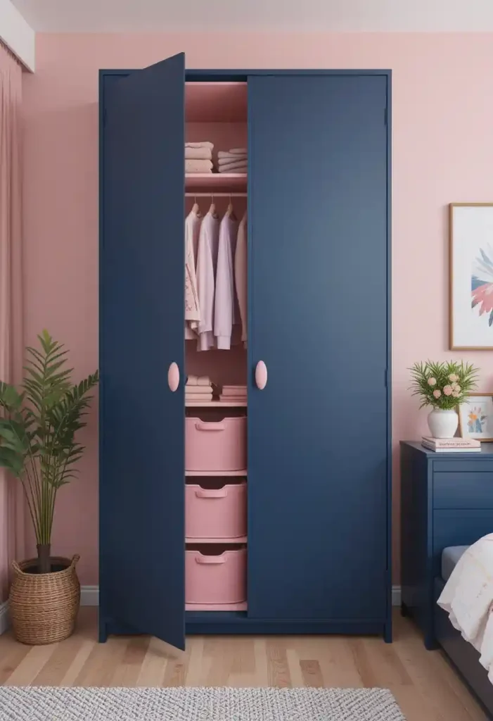 Navy Wardrobe with Pink Handles