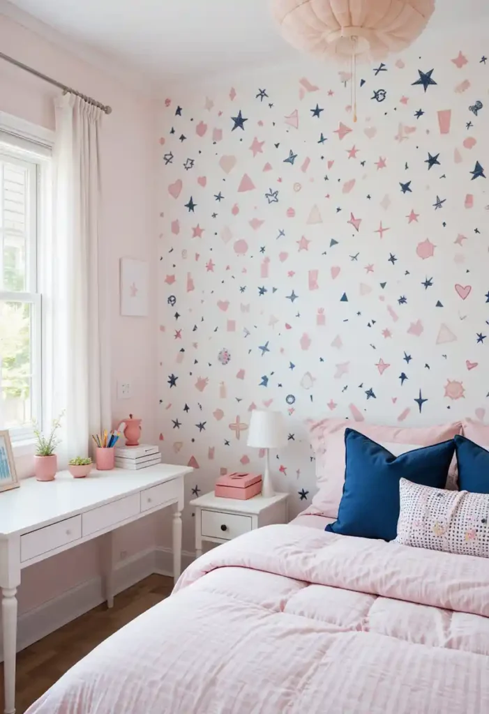 Navy and Pink Stenciled Wall Design