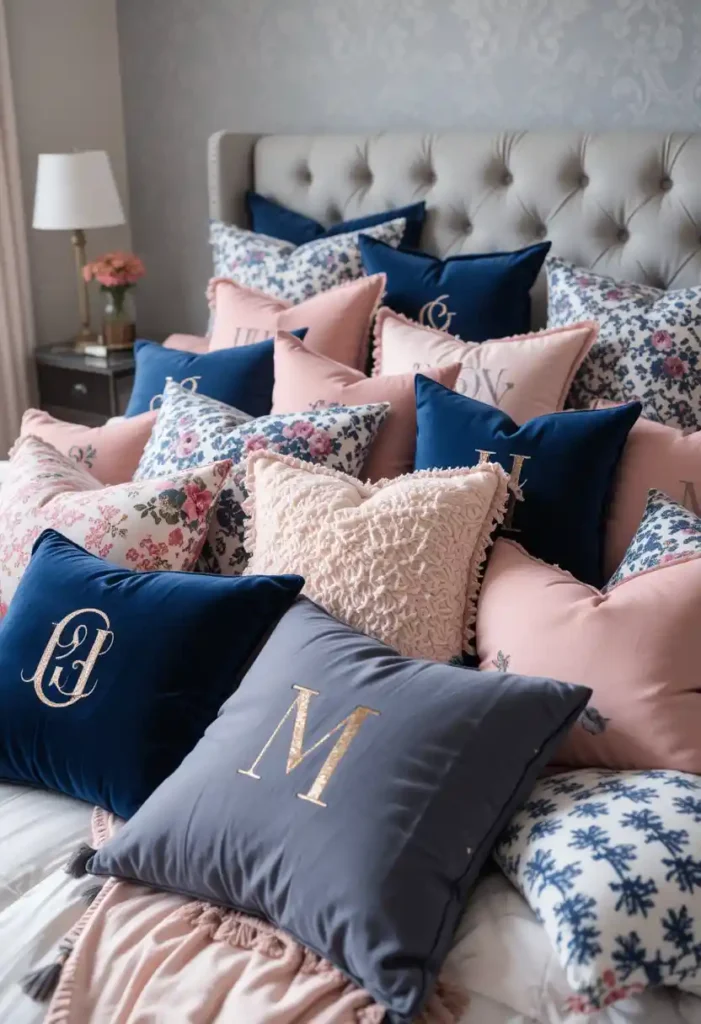 Navy and Pink Throw Pillows Galore