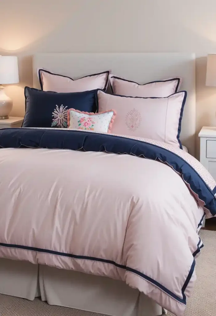 Pink Bedding with Navy Details
