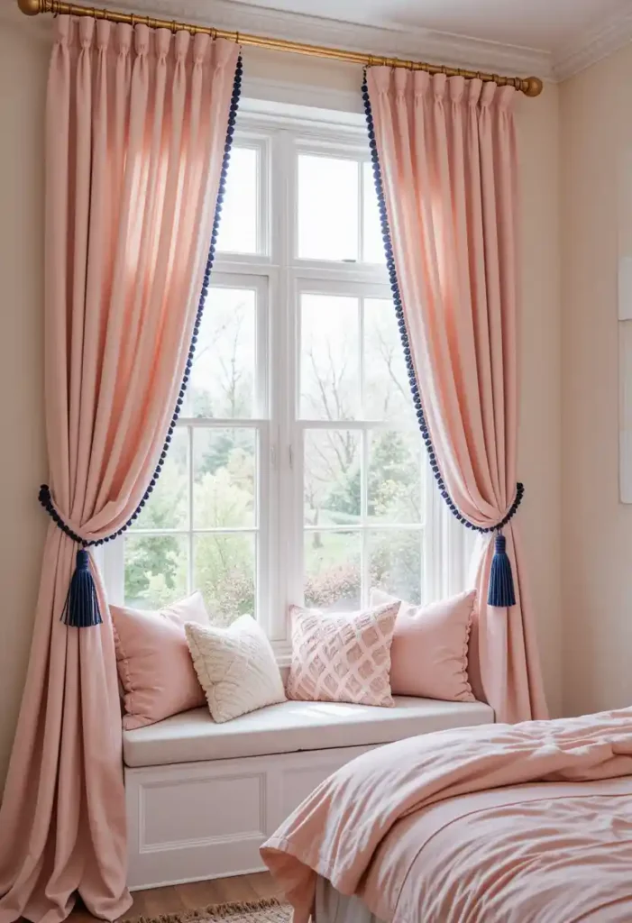Pink Curtains with Navy Tiebacks