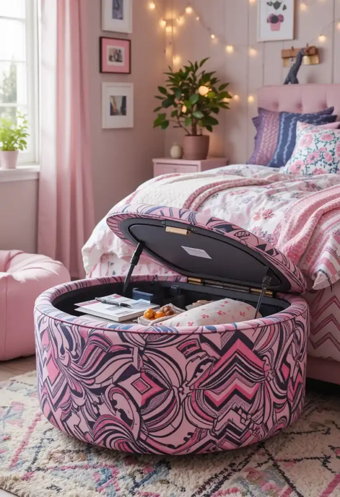 Pink and Navy Patterned Ottoman
