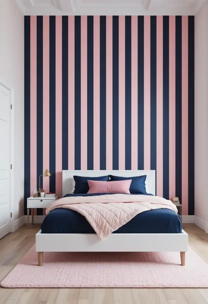 Pink and Navy Striped Wallpaper