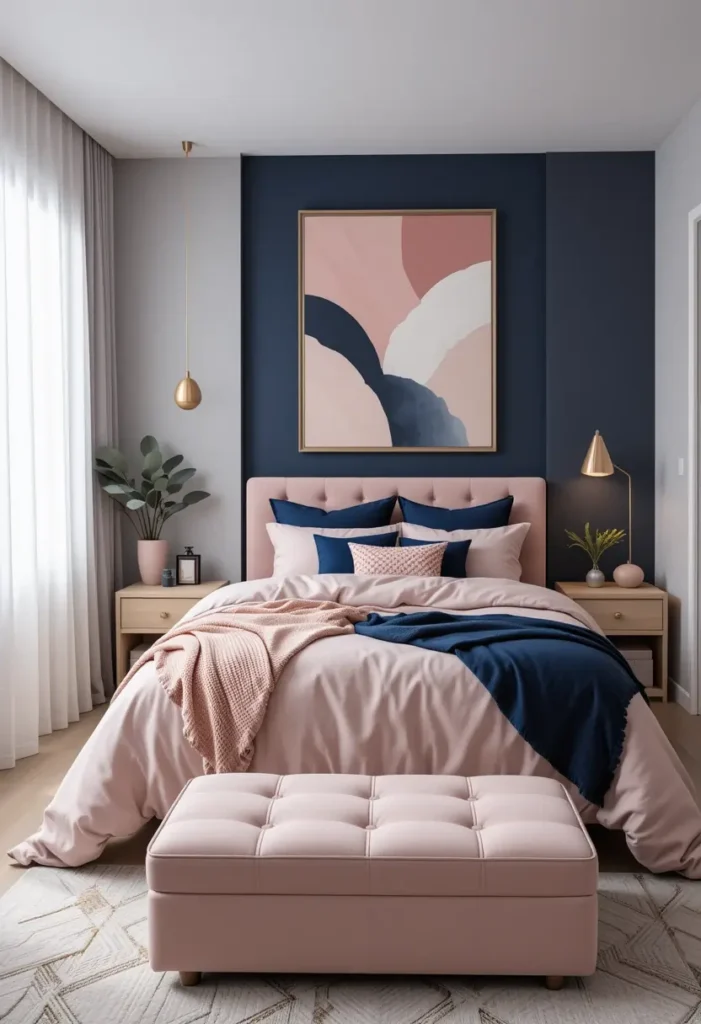 Modern Pink and Navy Blue Bedroom Inspo for 2025