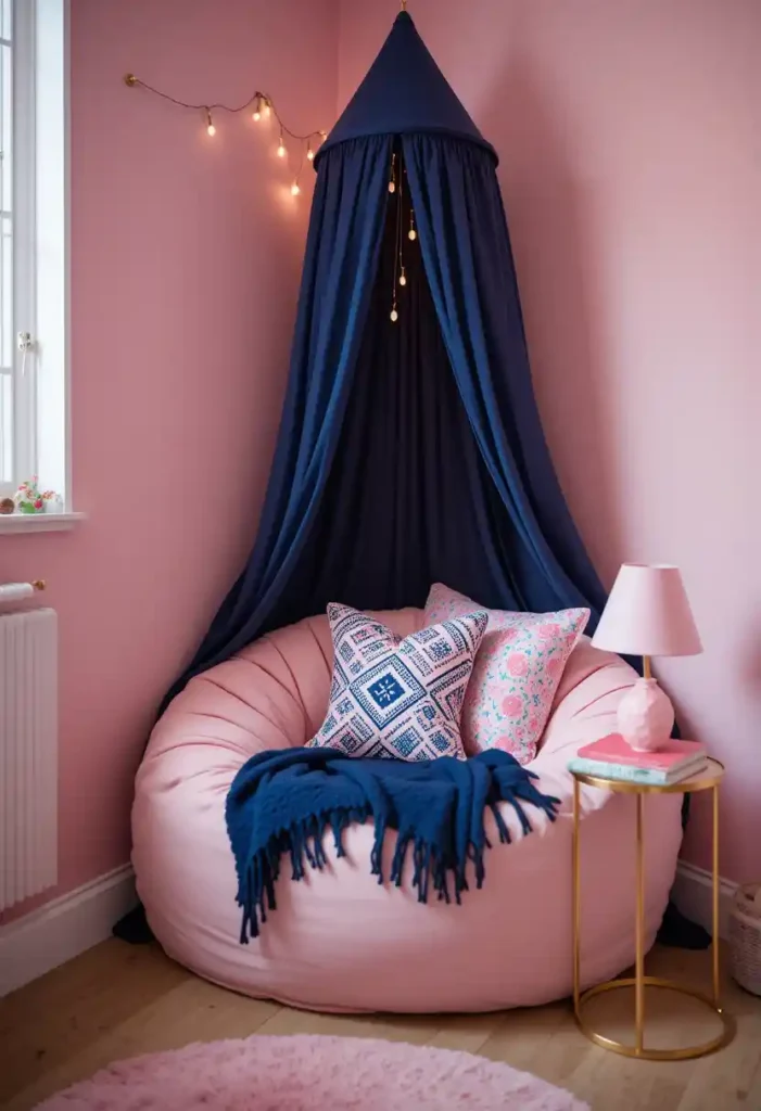 A Pink + Navy Reading Nook