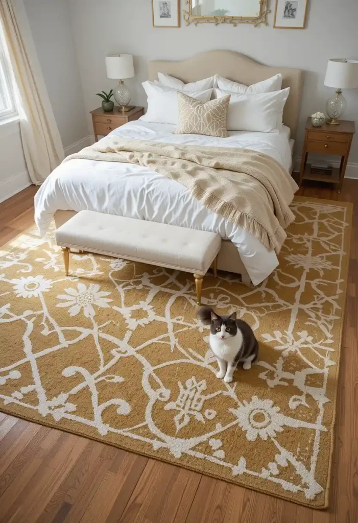 Add a Gold Accent Rug with White Patterns