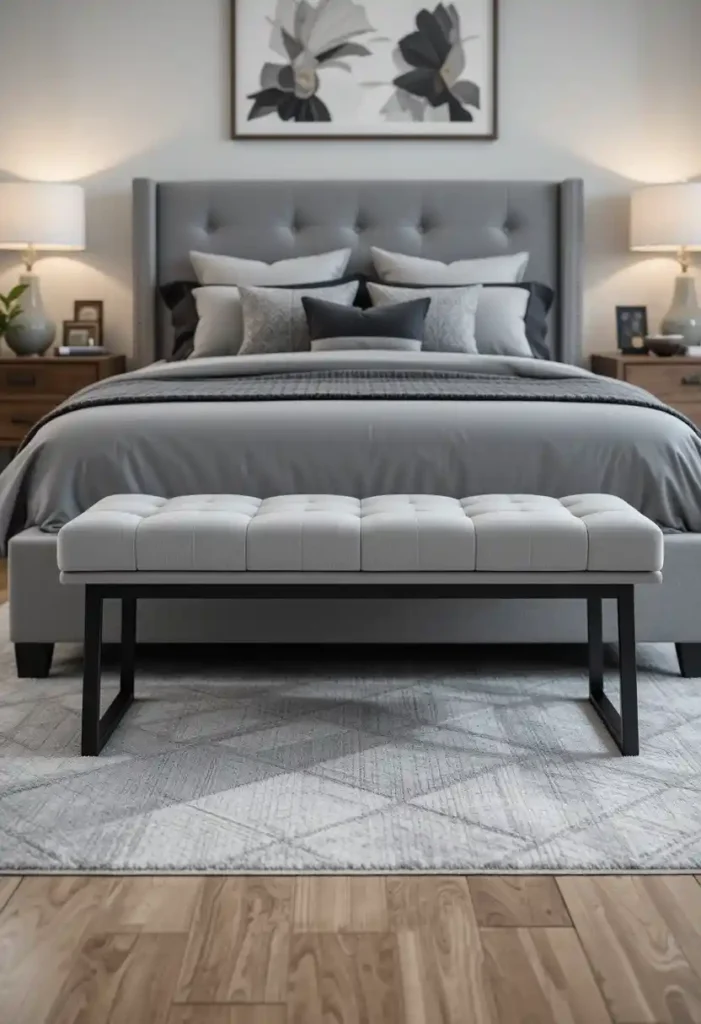 Add a Grey Bench with Black Legs at the Foot of the Bed