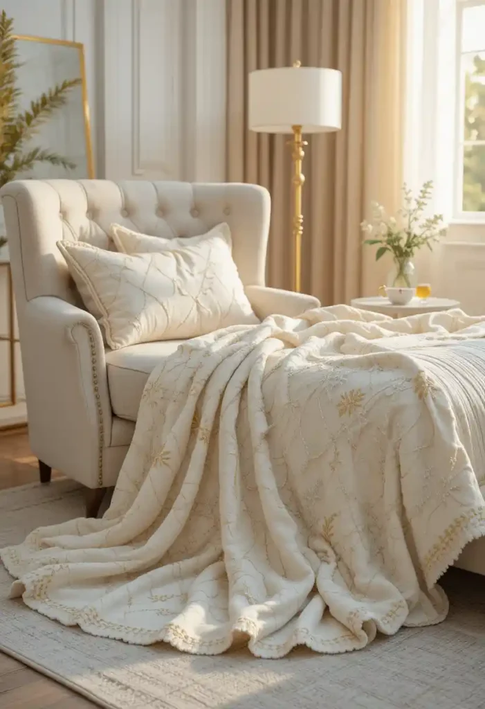 Add a White and Gold Throw Blanket