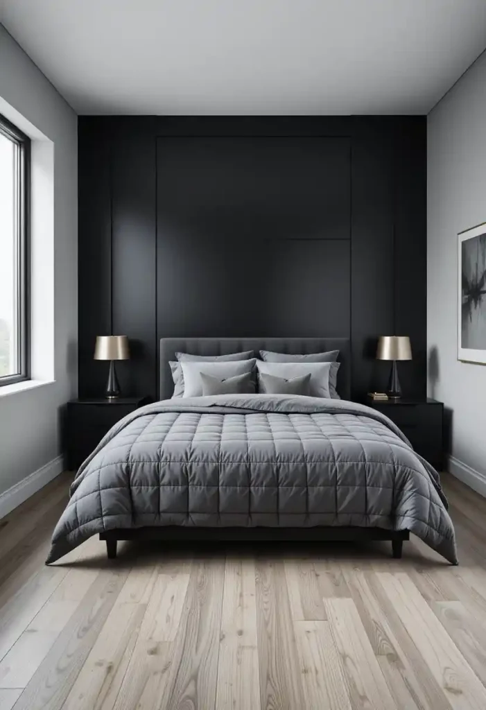Black Accent Wall with Grey Bedding