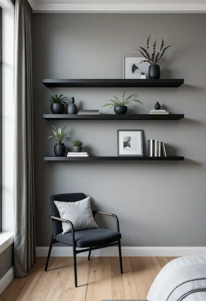 Black Floating Shelves with Grey Décor