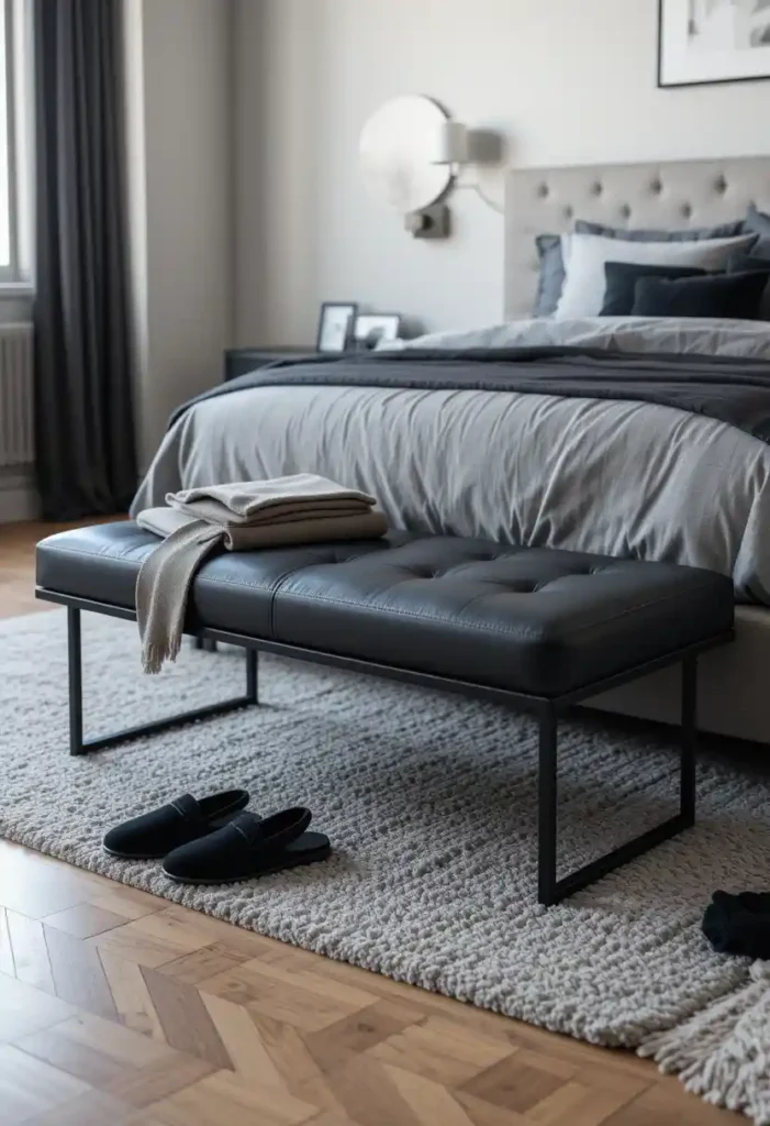 Black Leather Bench with Grey Rug