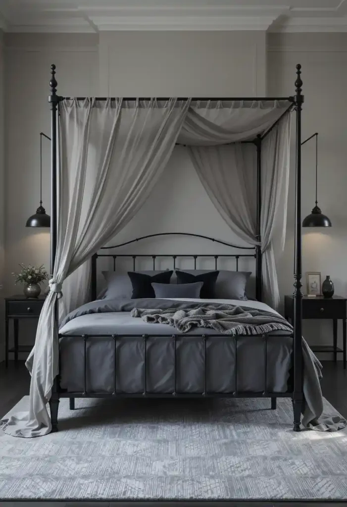 Black Metal Bed Frame with Grey Canopy