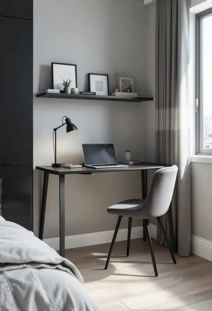 Black Minimalist Desk with Grey Chair