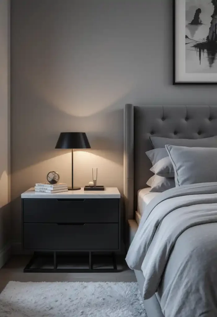 Black Nightstands with Grey Marble Tops
