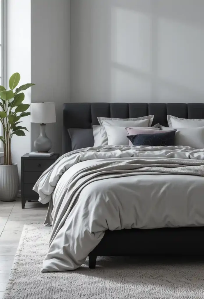 Charcoal Bed Frame with Cloud Grey Linens
