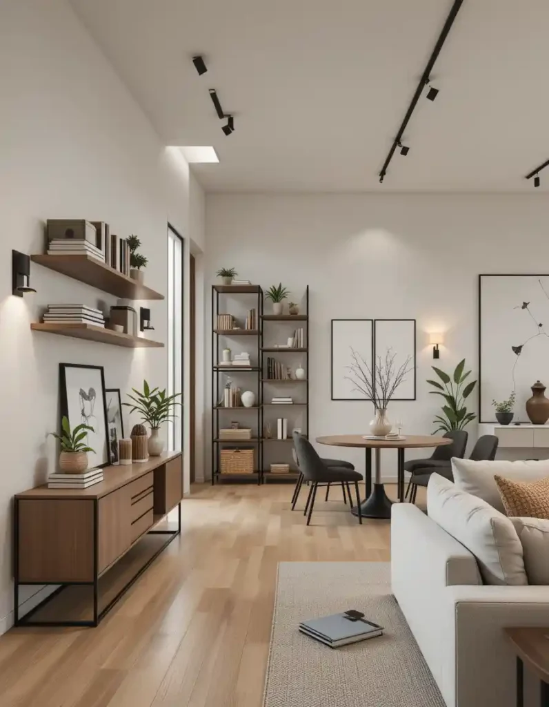 This image focuses on how lighting separates zones while tying them together visually. The dining area features a gold pendant light centered above a round table, instantly defining the eating space. Meanwhile, the living area has a floor lamp tucked beside the sofa and a small table lamp on a side table, giving it a warm, welcoming glow. Recessed dimmable lighting throughout the ceiling helps control mood and brightness. The lighting across both zones shares a similar brass/gold finish, which unifies the style while still letting each zone have its distinct glow. The sofa is a soft beige, while the dining chairs are tan leather, and the rug underneath brings in a hint of rust. The glow of the lighting adds luxury and depth to the scene. This image captures the emotional and spatial role of lighting discussed in Section 5—it divides without blocking, and connects without blending everything into one flat space.

