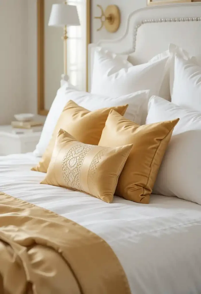 Gold Accent Pillows on White Bedding