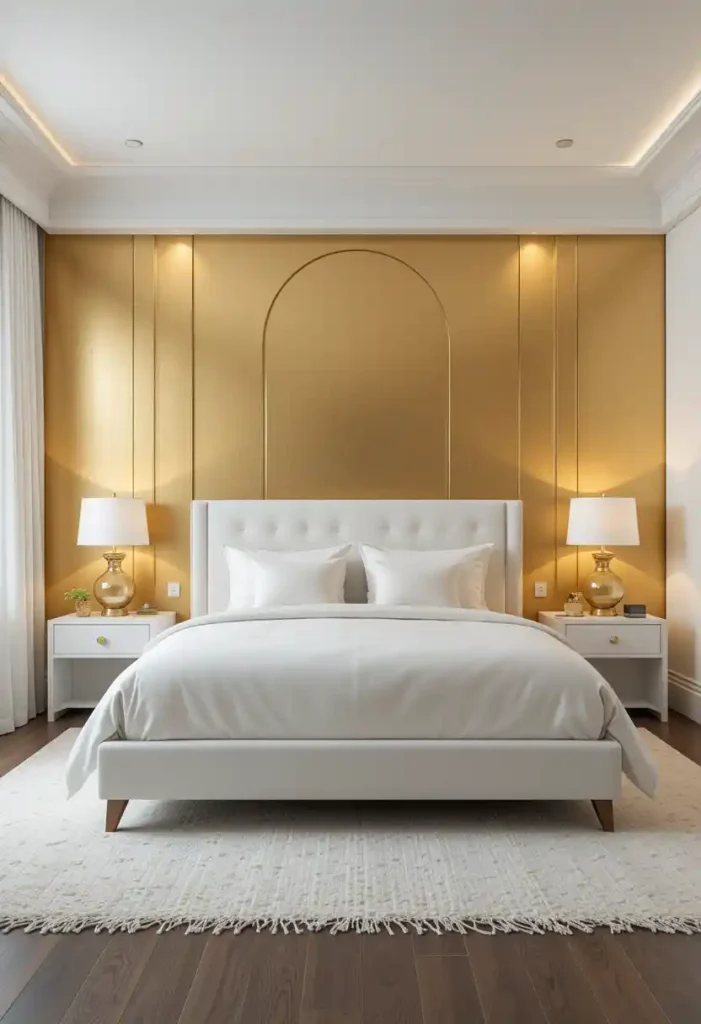 Gold Accent Wall with White Furnishings
