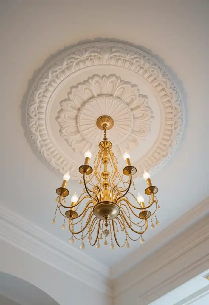 Gold Chandeliers with White Ceiling Medallions