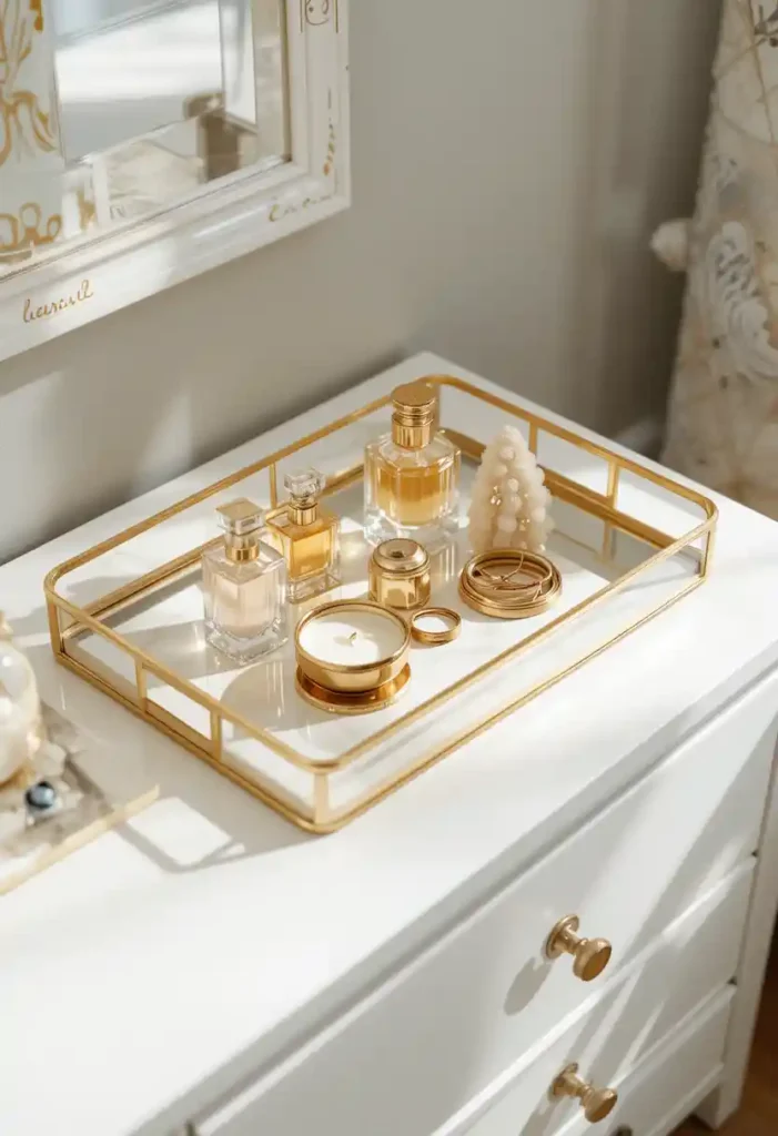 Gold Decorative Trays on White Dressers