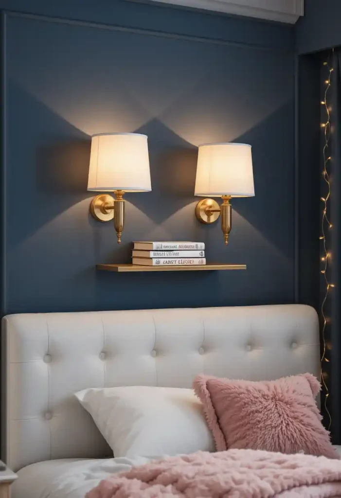 Gold Wall Sconces with White Lampshades