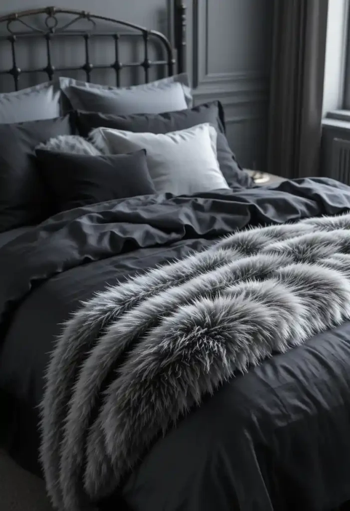 Grey Faux Fur Throw with Black Bedding