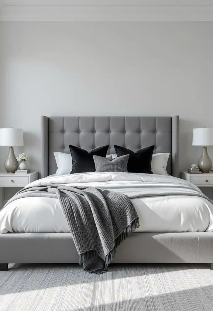 Grey Tufted Headboard + Black Accent Pillows