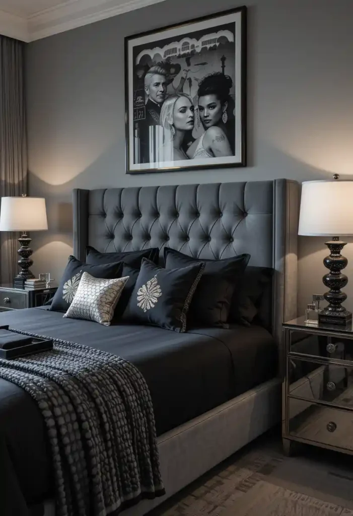 Grey Upholstered Headboard + Black Bedding