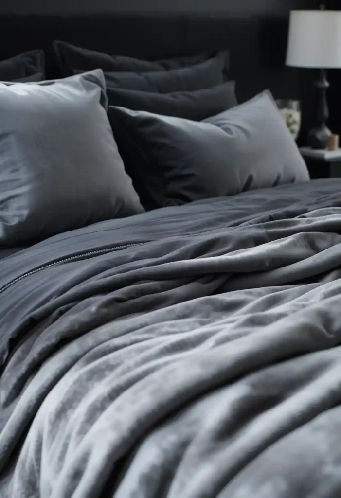 Grey Velvet Throw Pillows on Black Bedding