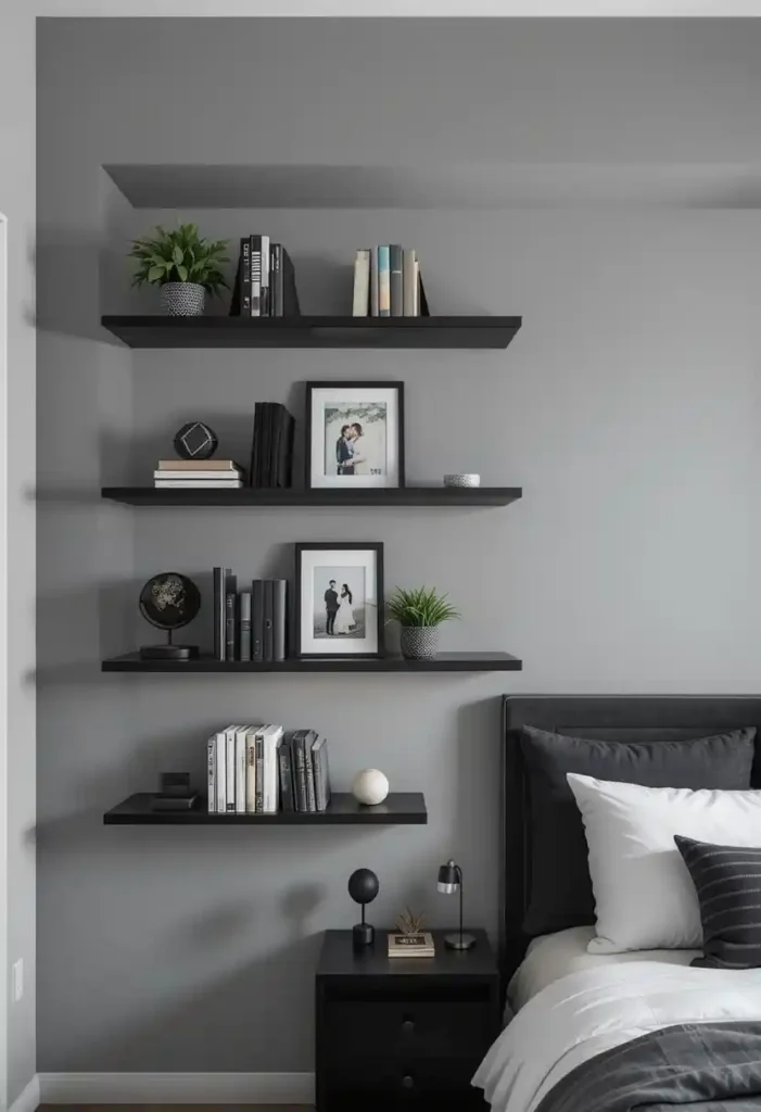 Grey Walls with Black Floating Shelves