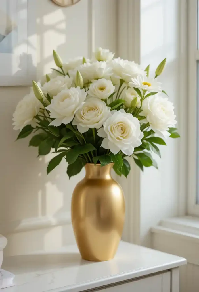 Incorporate White Flowers in Gold Vases