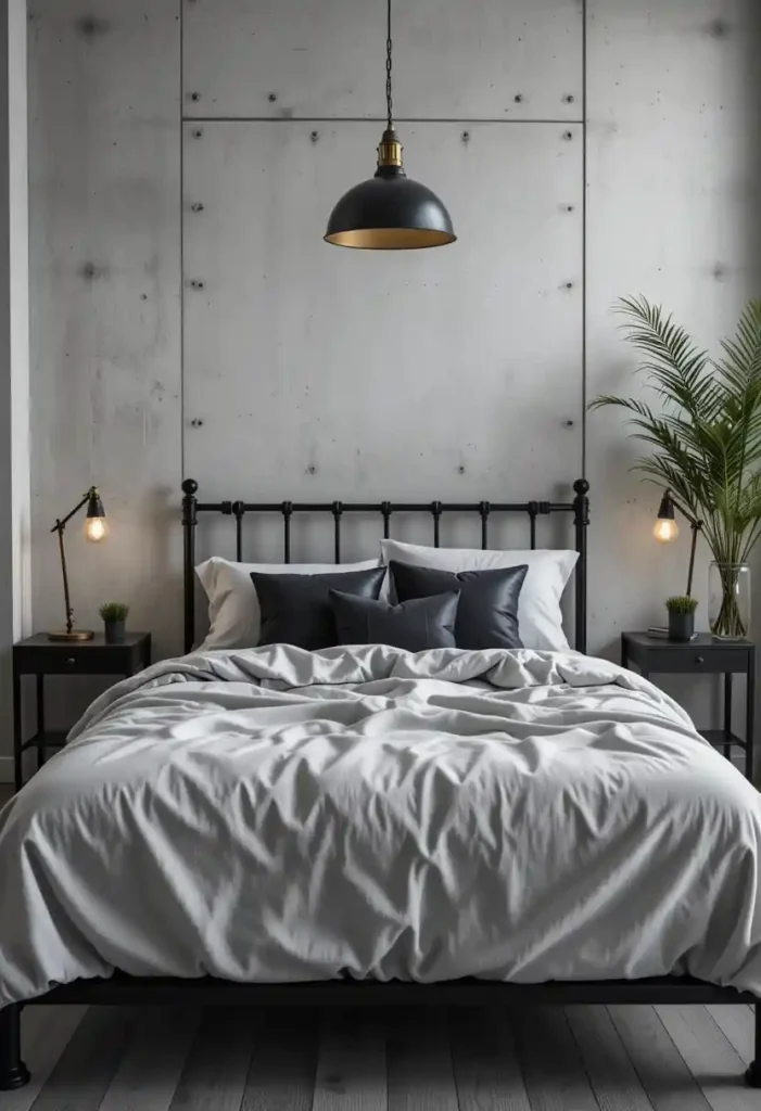Industrial Black Metal Bed Frame with Grey Linen