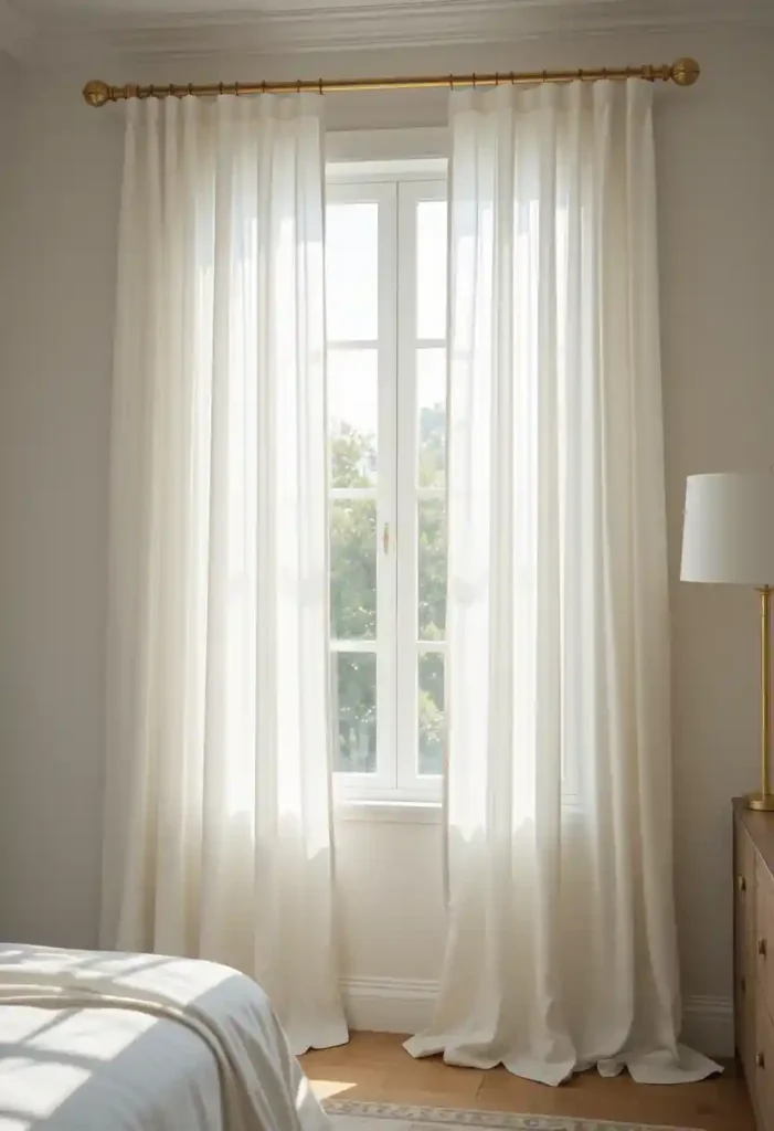 Install Gold Curtain Rods with White Curtains