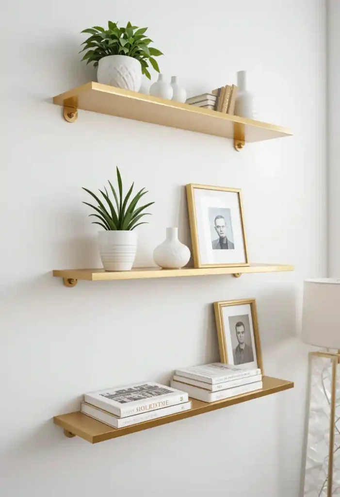 Install Gold Floating Shelves on White Walls