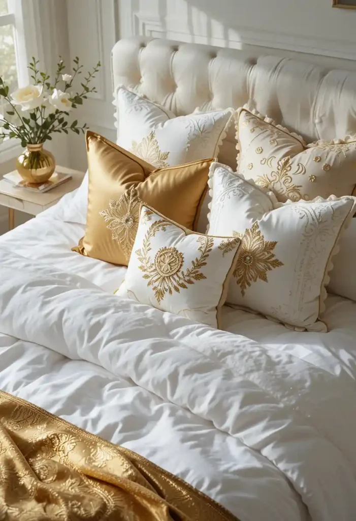 Layer White Bedding with Gold Accent Pillows