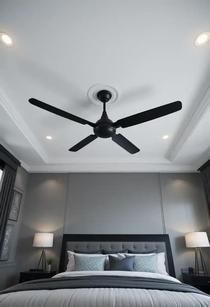 Matte Black Ceiling Fan with Grey Walls