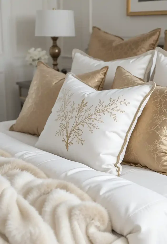 Mix White Bedding with Gold Decorative Pillows