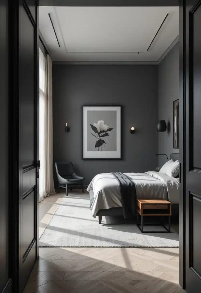. Moody Grey Walls with Black Accents