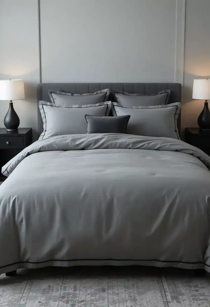 Opt for Grey Bedding with Black Trim for a Sharp Look