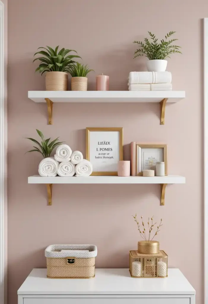 White Floating Shelves with Gold Brackets
Storage That Doesn’t Look Expensive