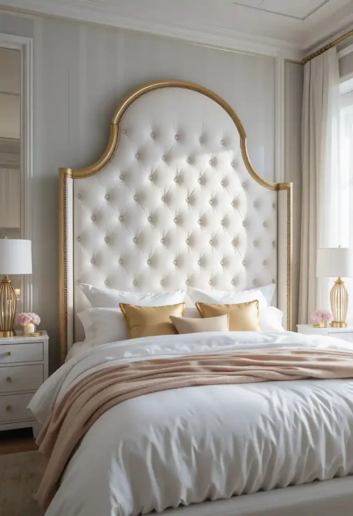 White Tufted Headboard with Gold Trim