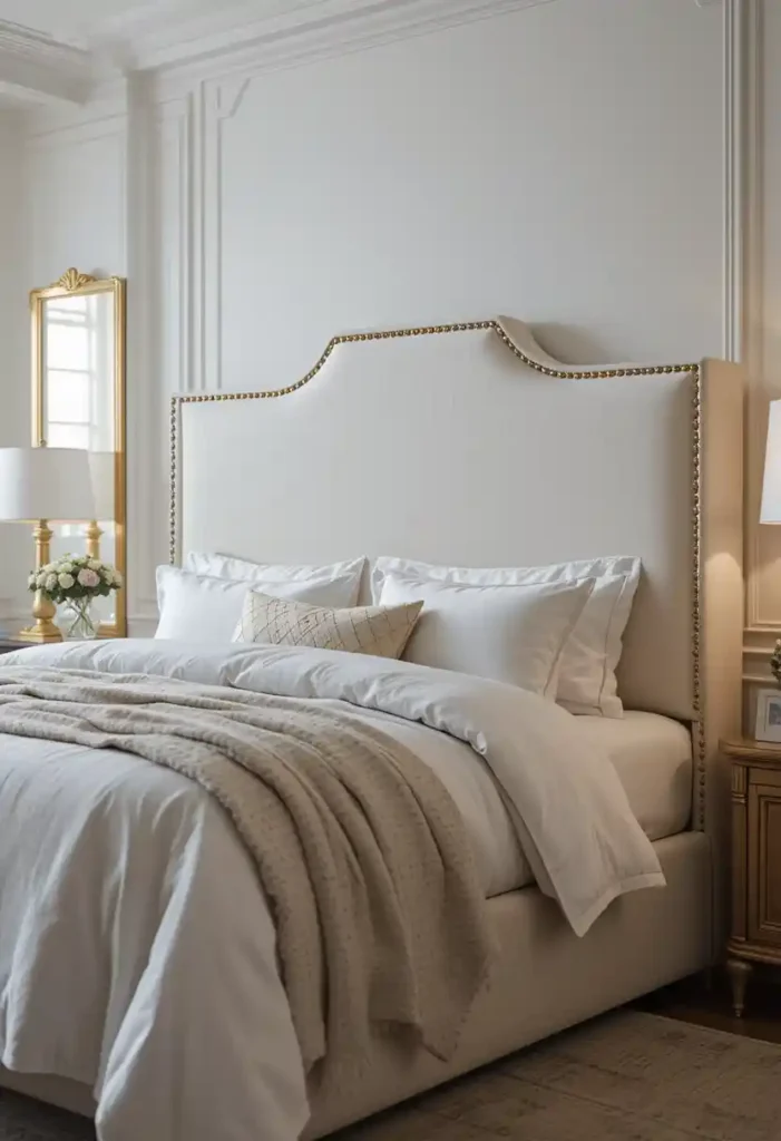 White Upholstered Headboard with Gold Nailhead Trim